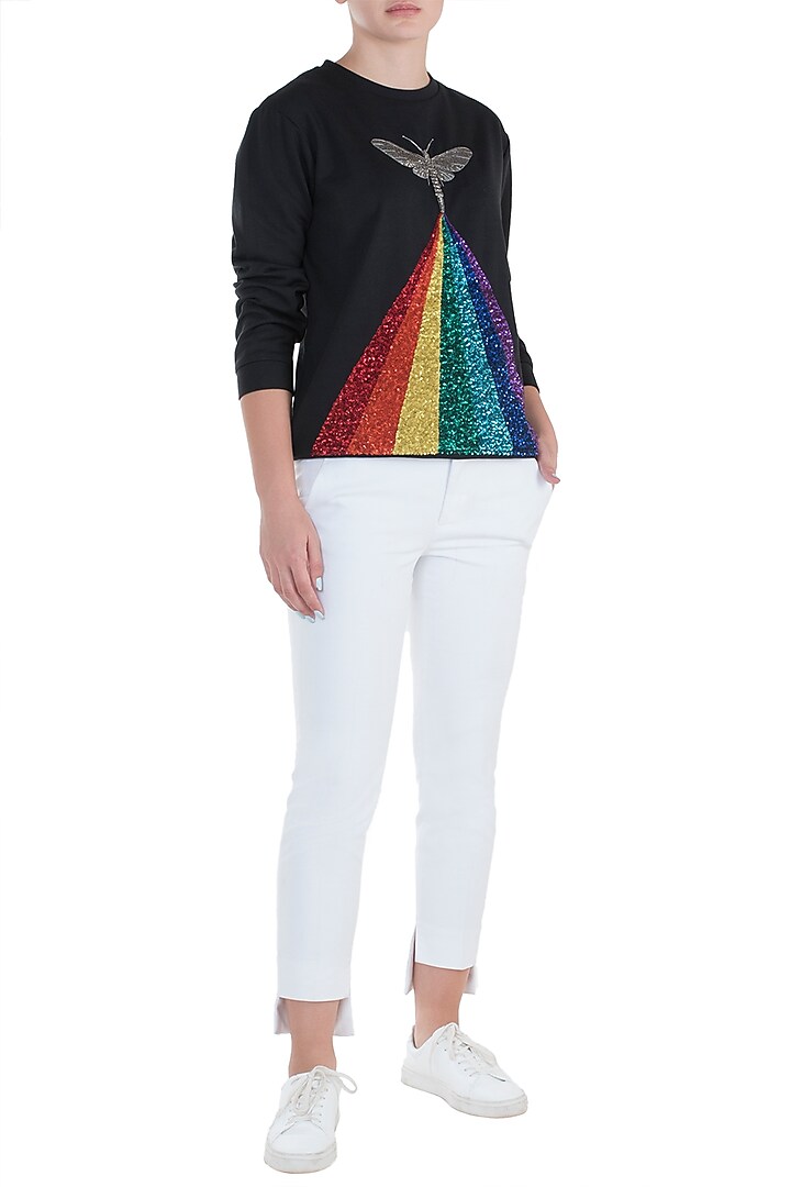 Black embroidered rainbow sweatshirt available only at Pernia's Pop Up Shop.