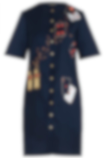 Navy blue embroidered coca-cola shift dress by SHAHIN MANNAN