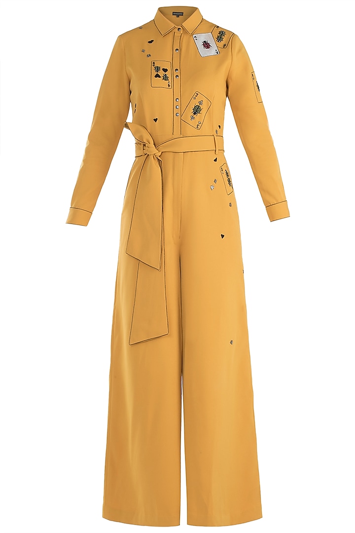 Yellow embroidered jumpsuit by SHAHIN MANNAN