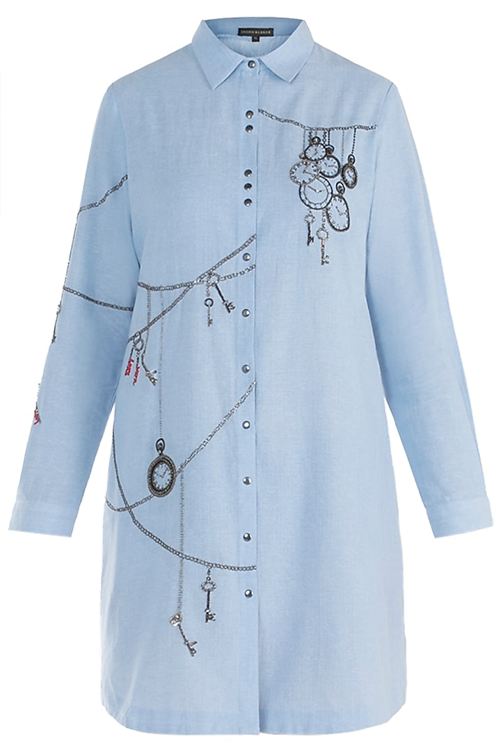 Light blue embroidered pocket shirt dress available only at Pernia's Pop Up Shop.