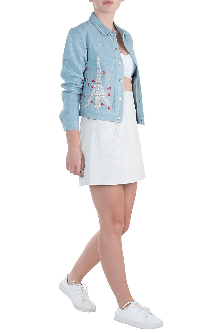 Light blue embroidered denim jacket available only at Pernia's Pop Up Shop.
