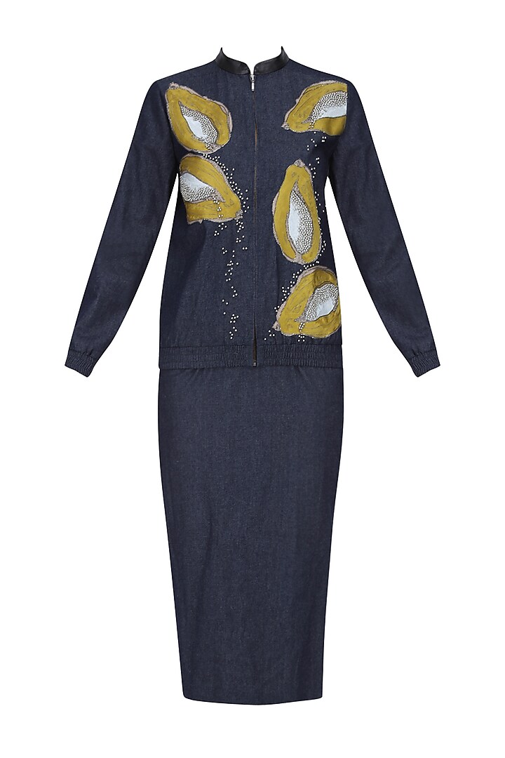 Ink Blue Papaya Motifs Denim Bomber Jacket and Pencil Skirt Set by Shahin Mannan