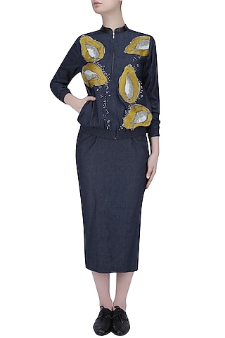 Ink Blue Papaya Motifs Denim Bomber Jacket and Pencil Skirt Set by Shahin Mannan