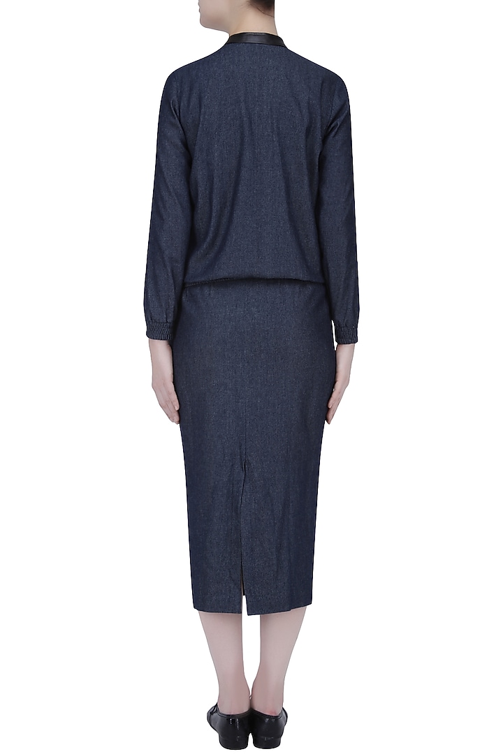 Ink blue papaya motifs denim bomber jacket and pencil skirt set available only at Pernia's Pop Up Shop.