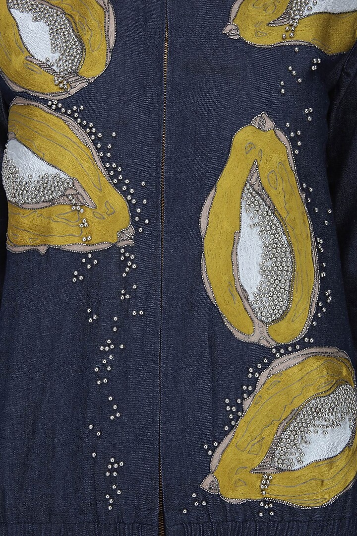 Ink blue papaya motifs denim bomber jacket and pencil skirt set available only at Pernia's Pop Up Shop.