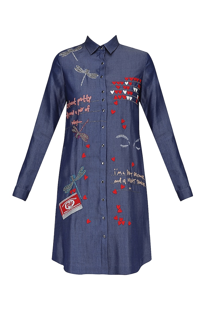 Blue Butterfly, Kitkat, Quote and Hearts Embroidered Denim Shirt Dress by Shahin Mannan