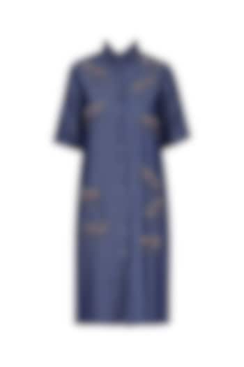 Blue Beads Embroidered Specky Eyes Motif Denim Shirt Dress by Shahin Mannan
