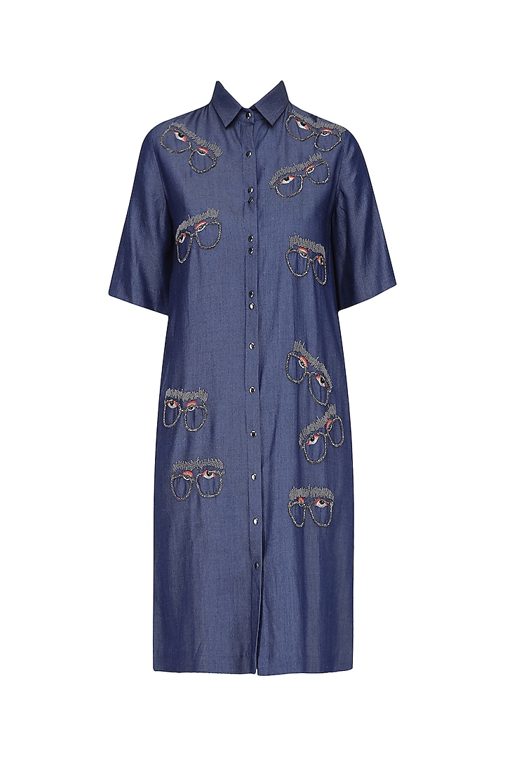 Blue Beads Embroidered Specky Eyes Motif Denim Shirt Dress by Shahin Mannan