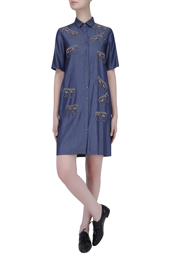 Blue beads embroidered specky eyes motif denim shirt dress available only at Pernia's Pop Up Shop.