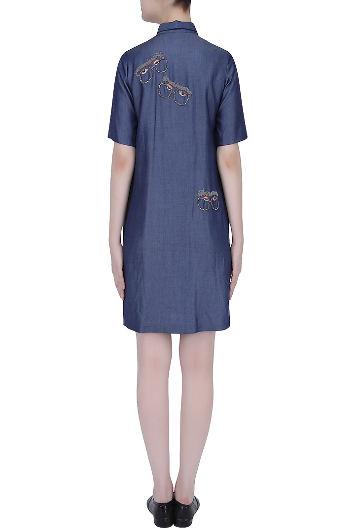 Blue beads embroidered specky eyes motif denim shirt dress available only at Pernia's Pop Up Shop.