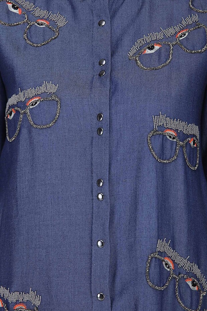Blue beads embroidered specky eyes motif denim shirt dress available only at Pernia's Pop Up Shop.
