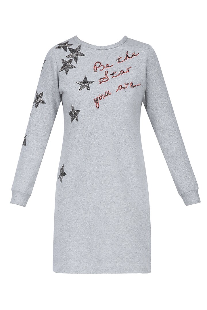 Light Grey Star Motif and Quote Embroidered Sweater Dress by Shahin Mannan
