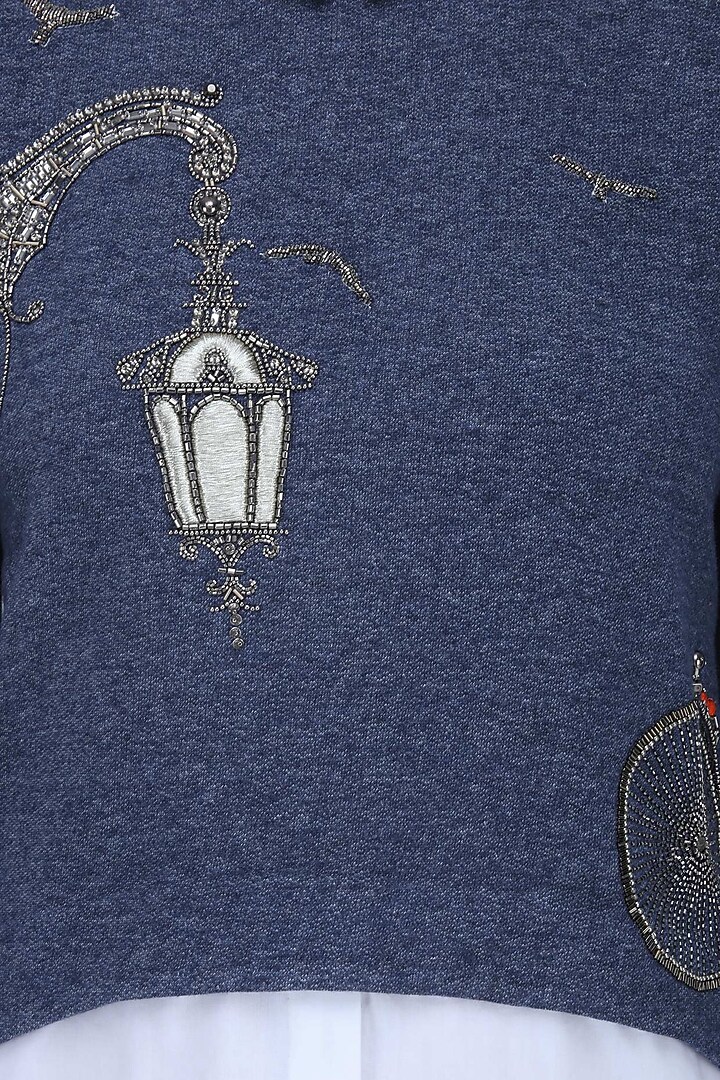 Blue denim embroidered lampost, bicycle and birds motifs T shirt available only at Pernia's Pop Up Shop.