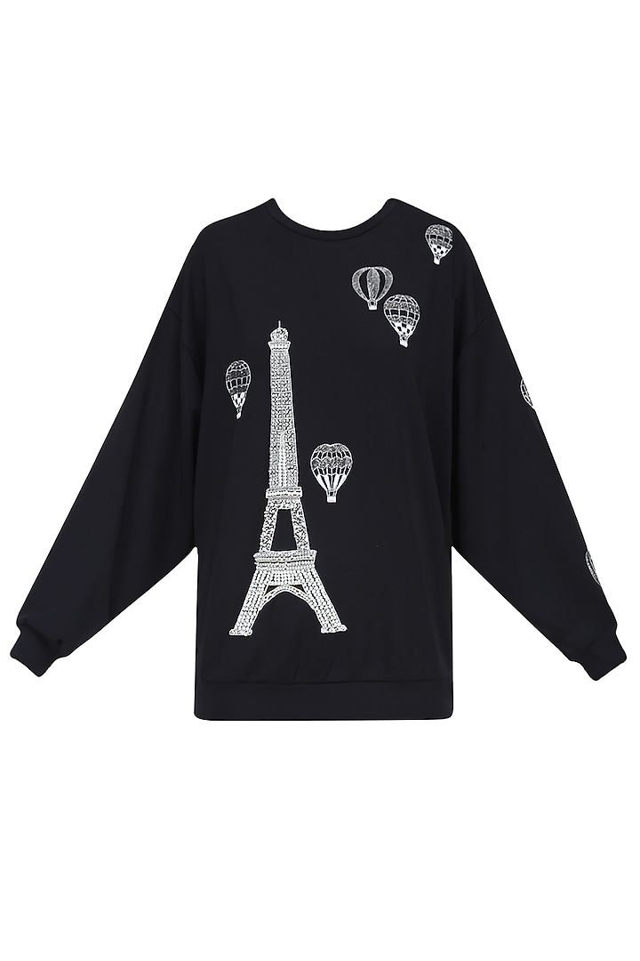 Black Eiffel Tower and Air Balloon Motif Sweatshirt by Shahin Mannan