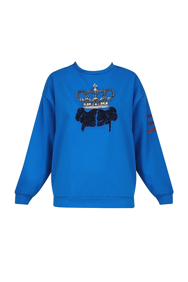 Electric Blue Crown and Funky Hair Motif Sweatshirt by Shahin Mannan
