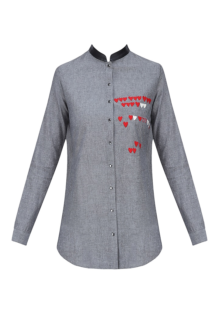 Grey Heart and Quote Embroidered Denim Shirt by Shahin Mannan