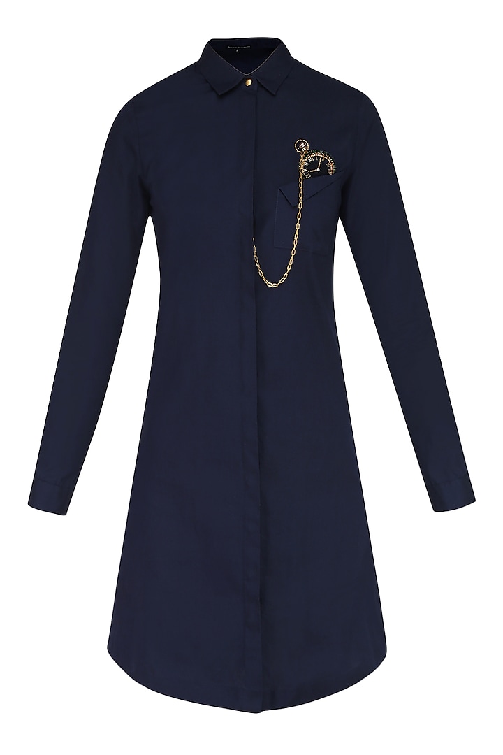 Navy Blue Embroidered Watch Motif Shirt Dress by Shahin Mannan