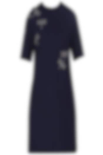 Navy Blue Embroidered Dragonfly Motifs Shift Dress by Shahin Mannan
