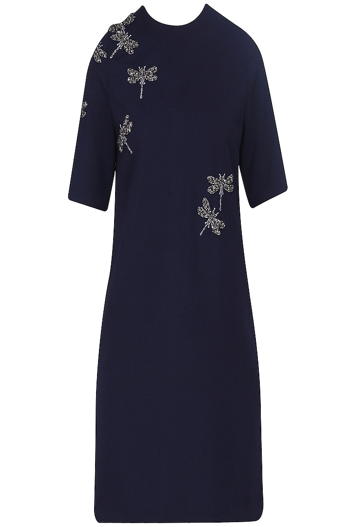 Navy Blue Embroidered Dragonfly Motifs Shift Dress by Shahin Mannan