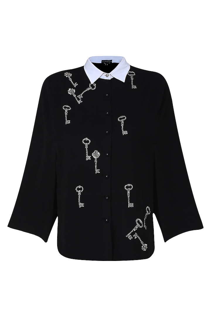 Black Gunmetal Key Motifs Shirt Cape by Shahin Mannan
