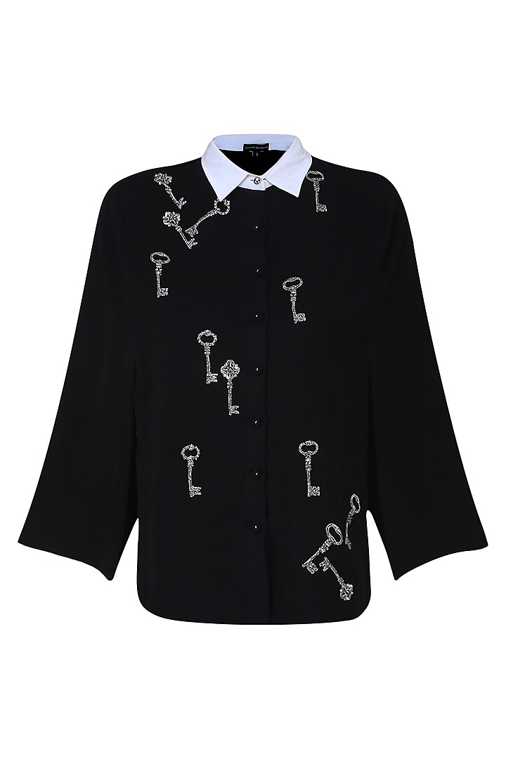 Black gunmetal key motifs shirt cape available only at Pernia's Pop Up Shop.