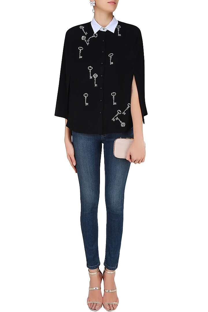 Black gunmetal key motifs shirt cape available only at Pernia's Pop Up Shop.