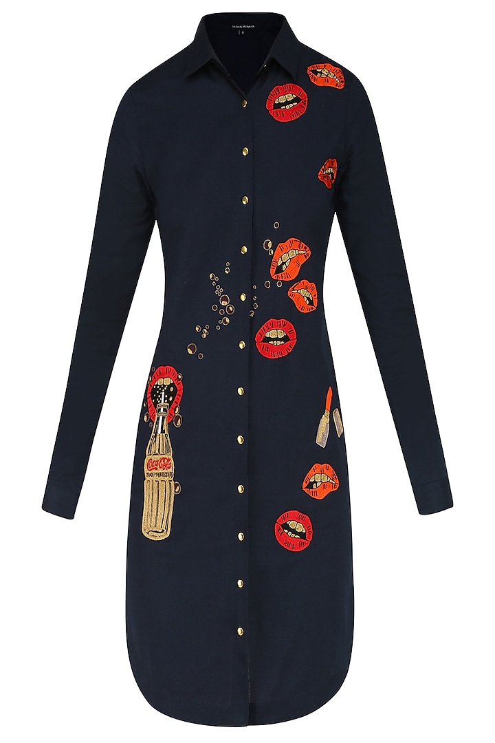 Navy Blue Lips and Coca Cola Motifs Shirt Dress by Shahin Mannan