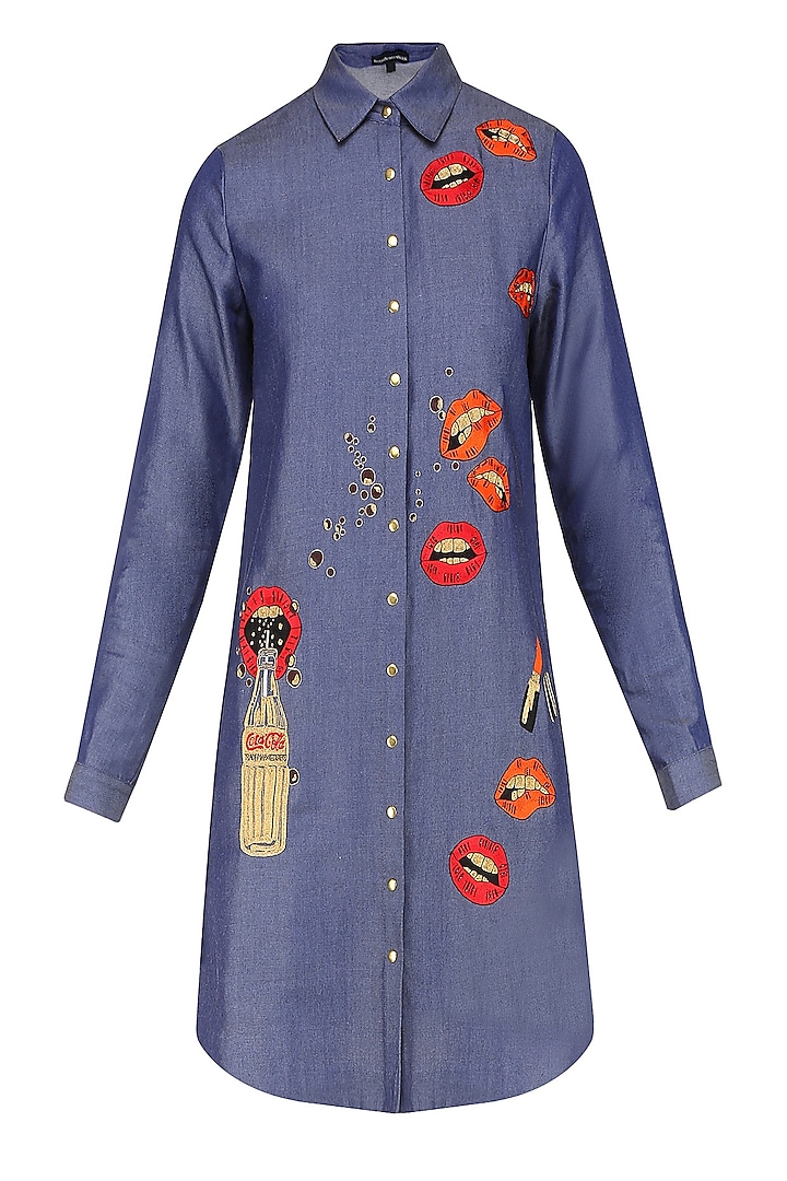 Blue Embroidered Lips and Coca Cola Motifs Shirt Dress by Shahin Mannan