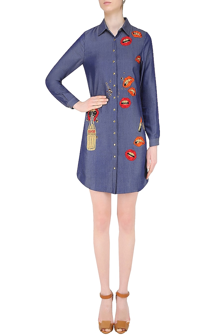 Blue embroidered lips and coca cola motifs shirt dress available only at Pernia's Pop Up Shop.