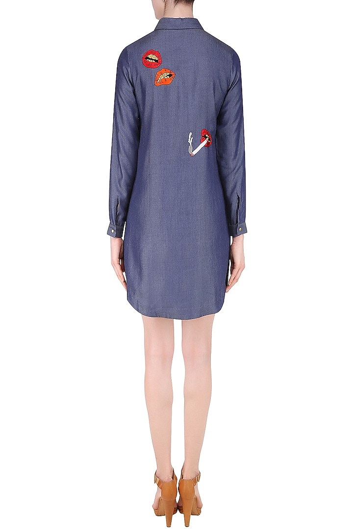 Blue embroidered lips and coca cola motifs shirt dress available only at Pernia's Pop Up Shop.