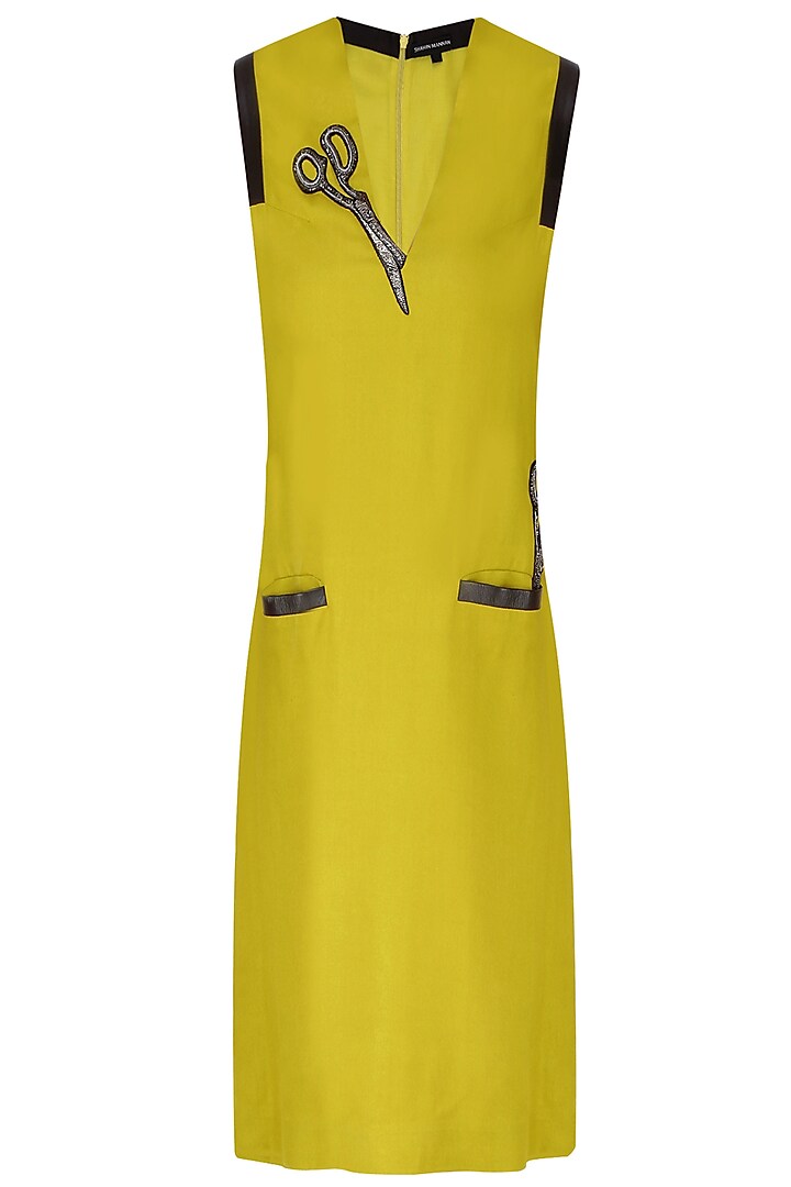 Ochre Yellow Scissors Motifs Sleeveless Dress by Shahin Mannan
