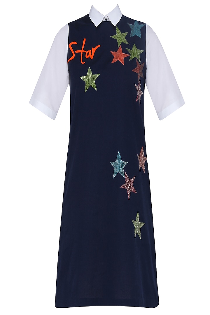 Navy Blue Embroidered Star Motifs Shift Dress by Shahin Mannan