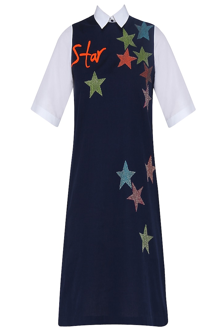 Navy blue embroidered star motifs shift dress available only at Pernia's Pop Up Shop.