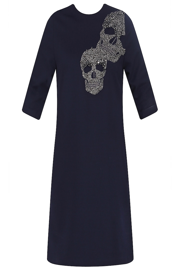 Navy Blue Embroidered Skull Motifs Shift Dress by Shahin Mannan