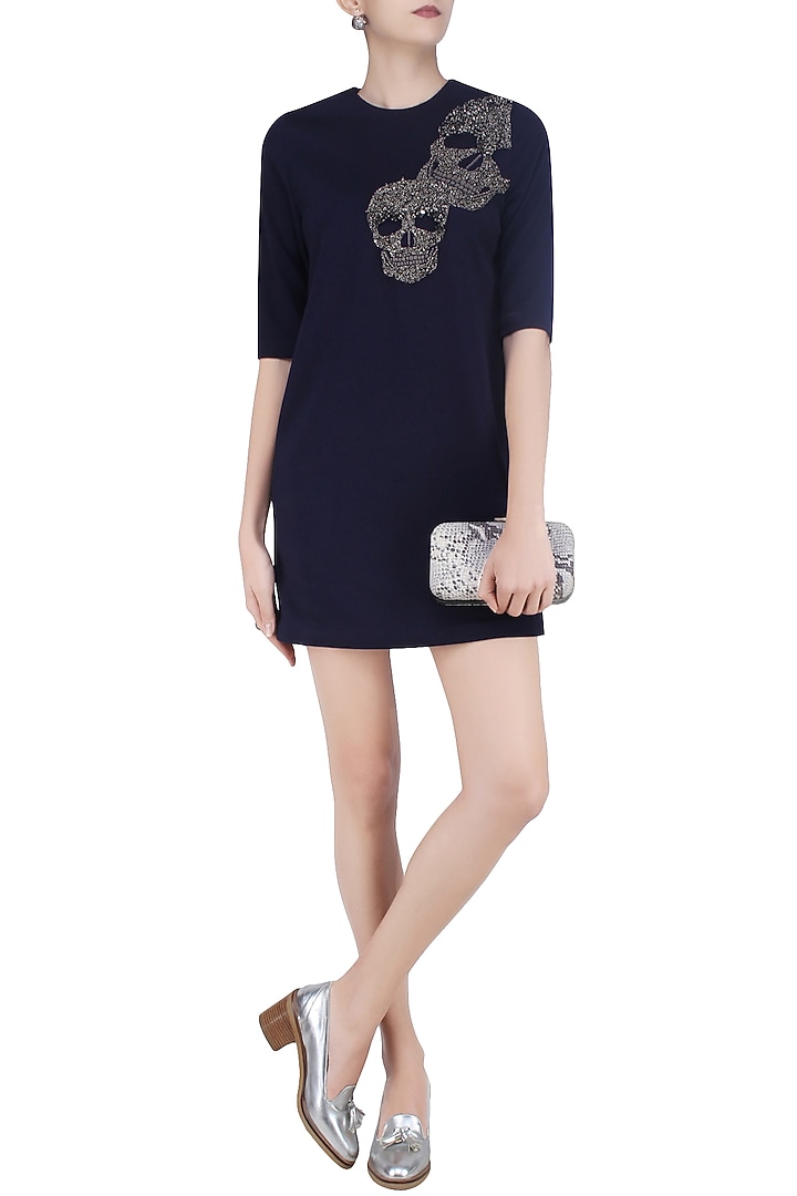 Navy blue embroidered skull motifs shift dress available only at Pernia's Pop Up Shop.