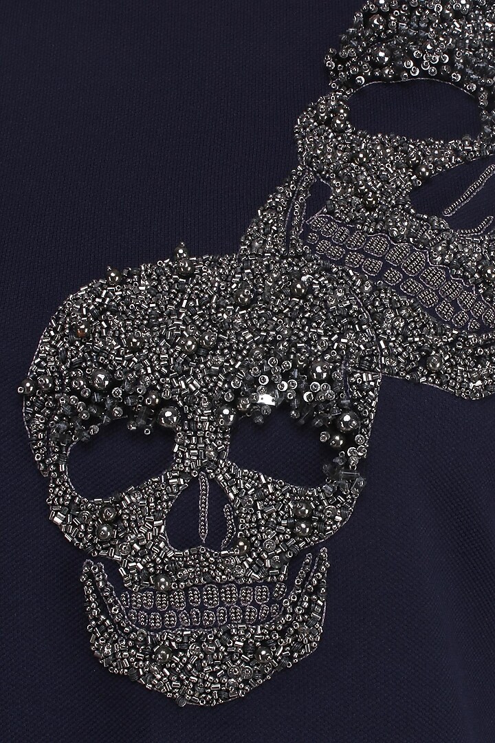 Navy blue embroidered skull motifs shift dress available only at Pernia's Pop Up Shop.