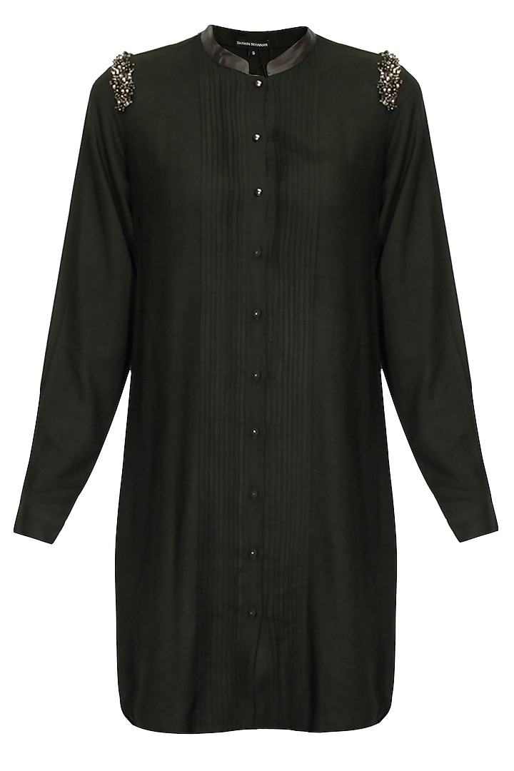 Moss green sequins embellished pleated shirt dress available only at Pernia's Pop Up Shop.