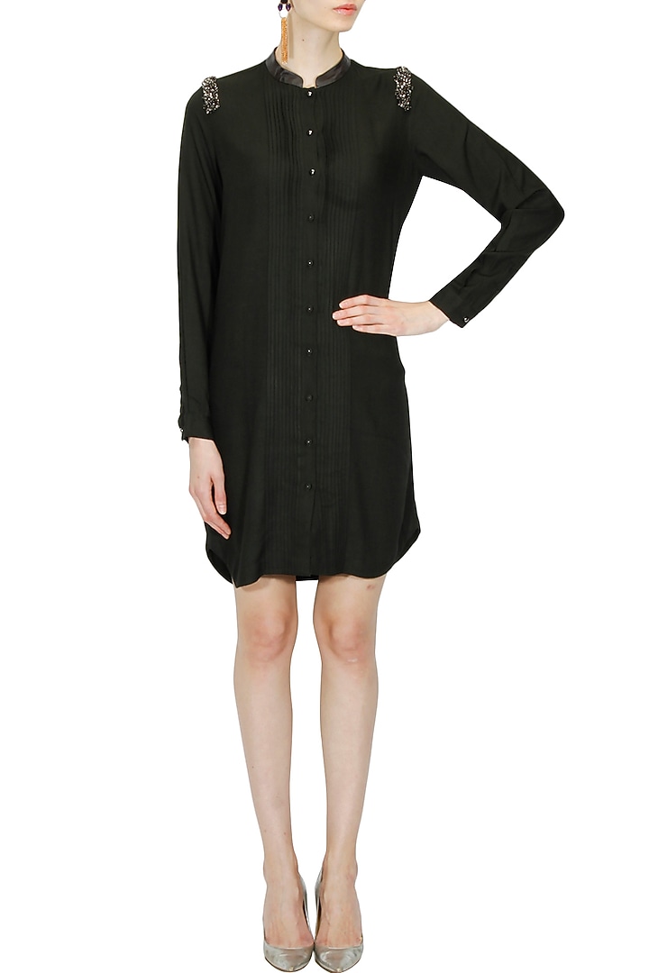 Moss green sequins embellished pleated shirt dress available only at Pernia's Pop Up Shop.