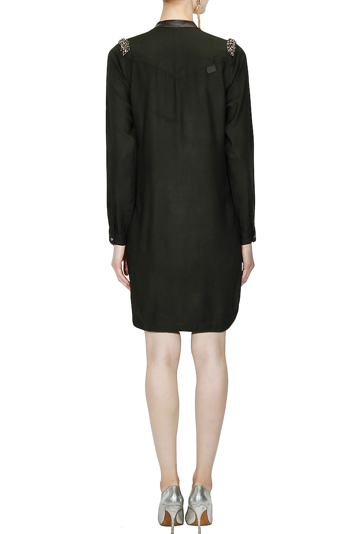 Moss green sequins embellished pleated shirt dress available only at Pernia's Pop Up Shop.