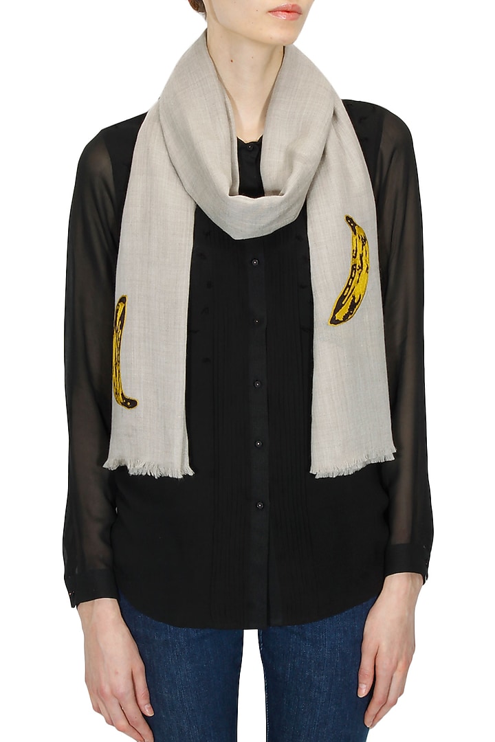 Beige banana motifs merino wool stole available only at Pernia's Pop Up Shop.
