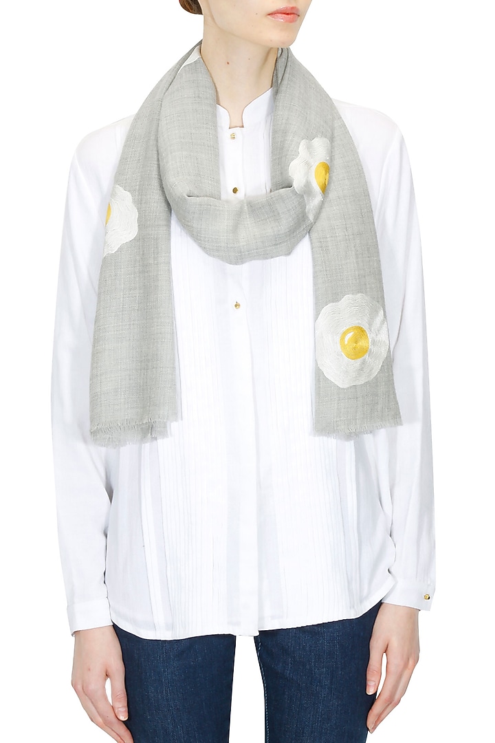Grey embroidered sunny side up merino wool stole available only at Pernia's Pop Up Shop.