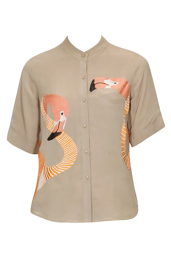 Taupe colour flamingo embroidered motifs shirt by Shahin Mannan