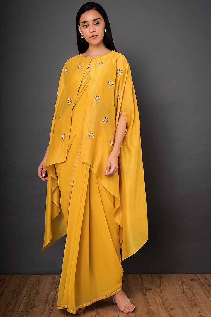 Mustard Yellow Embroidered Saree Set by Shikha Mehta