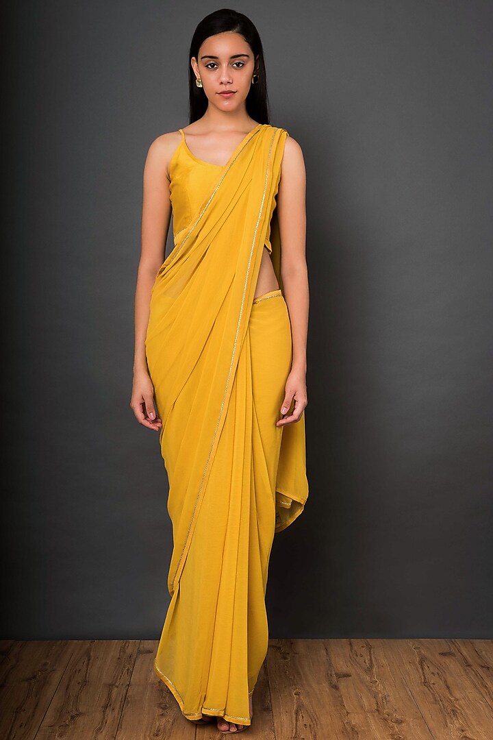 Mustard Yellow Embroidered Party Wear Saree Set by Shikha Mehta at Pernia's Pop Up Shop