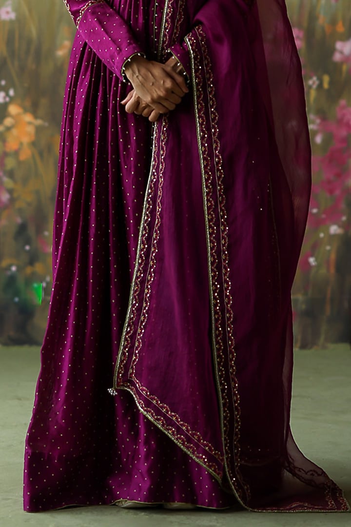 Aubergine Silk Chanderi Printed & Embroidered Wedding Anarkali Set by Shikha Mehta at Pernia's Pop Up Shop
