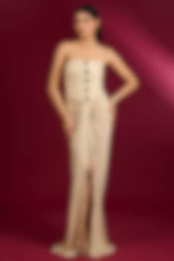 Pearled Ivory Brocade Metal Embroidered Reception Gown Saree by Shantnu & Nikhil at Pernia's Pop Up Shop