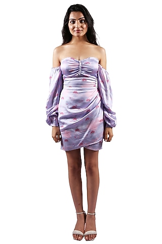 Periwinkle Blue Printed Off-Shoulder Mini Dress by Shivani Nirupam