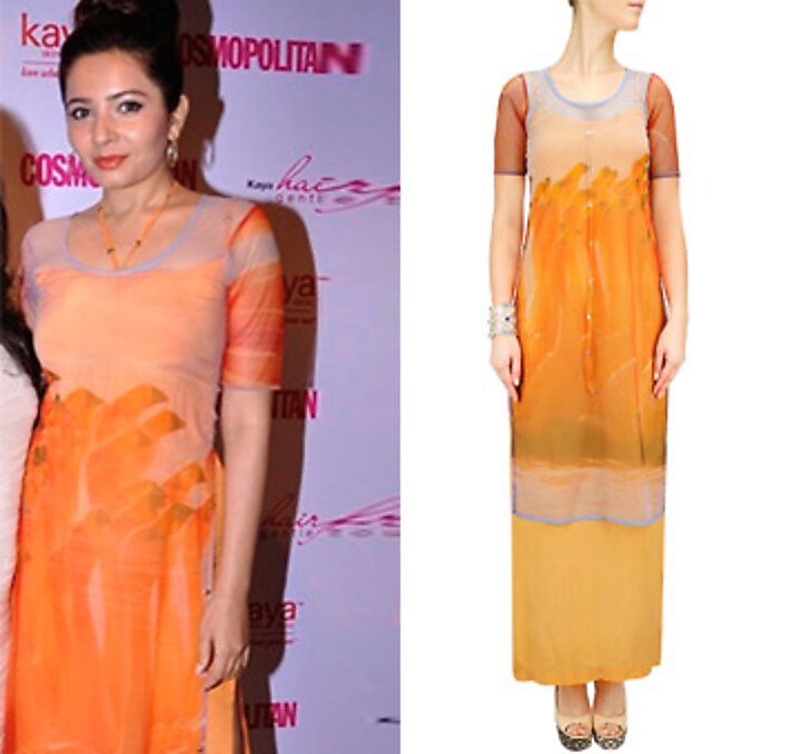 Flamingo print cape with orange slip dress available only at Pernia's Pop-Up Shop.