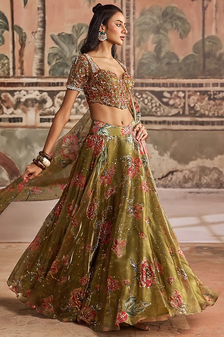 Olive Green Glass Organza Printed & Embroidered Wedding Lehenga Set by Show Shaa at Pernia's Pop Up Shop