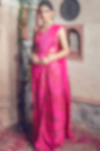 Fuchsia Silk Embroidered Draped Saree Set by Show Shaa